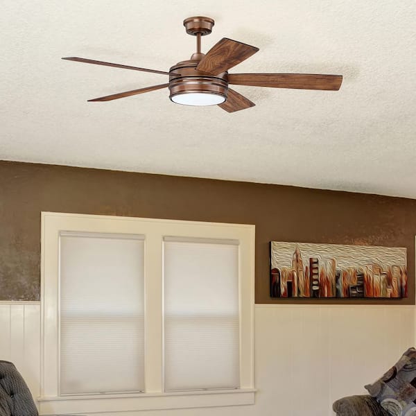 52 in. Brushed Copper, Dark Cedar/Chestnut Blades Angled Mount Standard Ceiling Fan w/ Integrated LED Remote Included