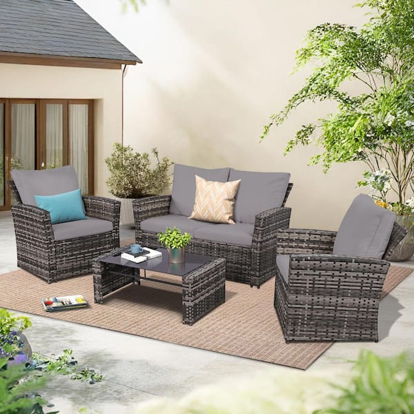 MIRAFIT 4-Piece Wicker Bistro Outdoor Conversation Set, 1 Loveseats, 2 Single Sofas, 1 Table
