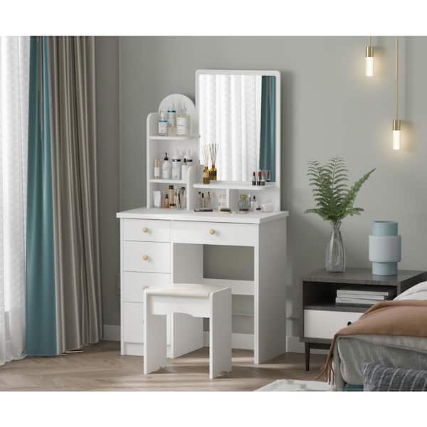 16-Drawer Table with Large Dimmable Mirror - WHITE