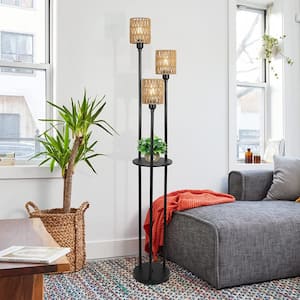 66.1 in. H Brown Standard Floor Lamp with Shelve Farmhouse Lamp with Foot Switch Rustic Standing Lamp with Rattan Shades