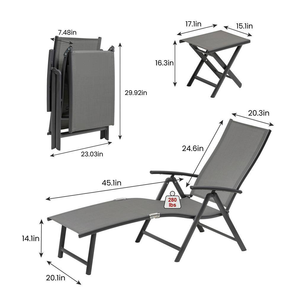 Gray Aluminum 2-Person Adjustable Outdoor Chaise Lounge Set with Table