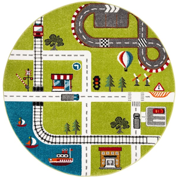 Carousel Kids 4 ft. x 4 ft. Green/Ivory Geometric Round Rug