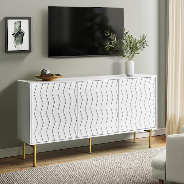JAYDEN CREATION Livius White Modern 60 in. Wide 3-Door Sideboard with Metal Adjustable Feet