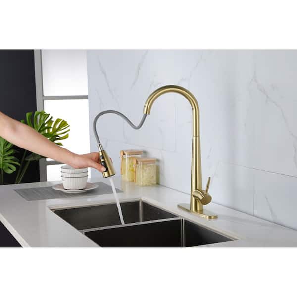 Brushed Gold 18.9 in. H Pull Down Sprayer Kitchen Faucet with 360° Swivel Spout