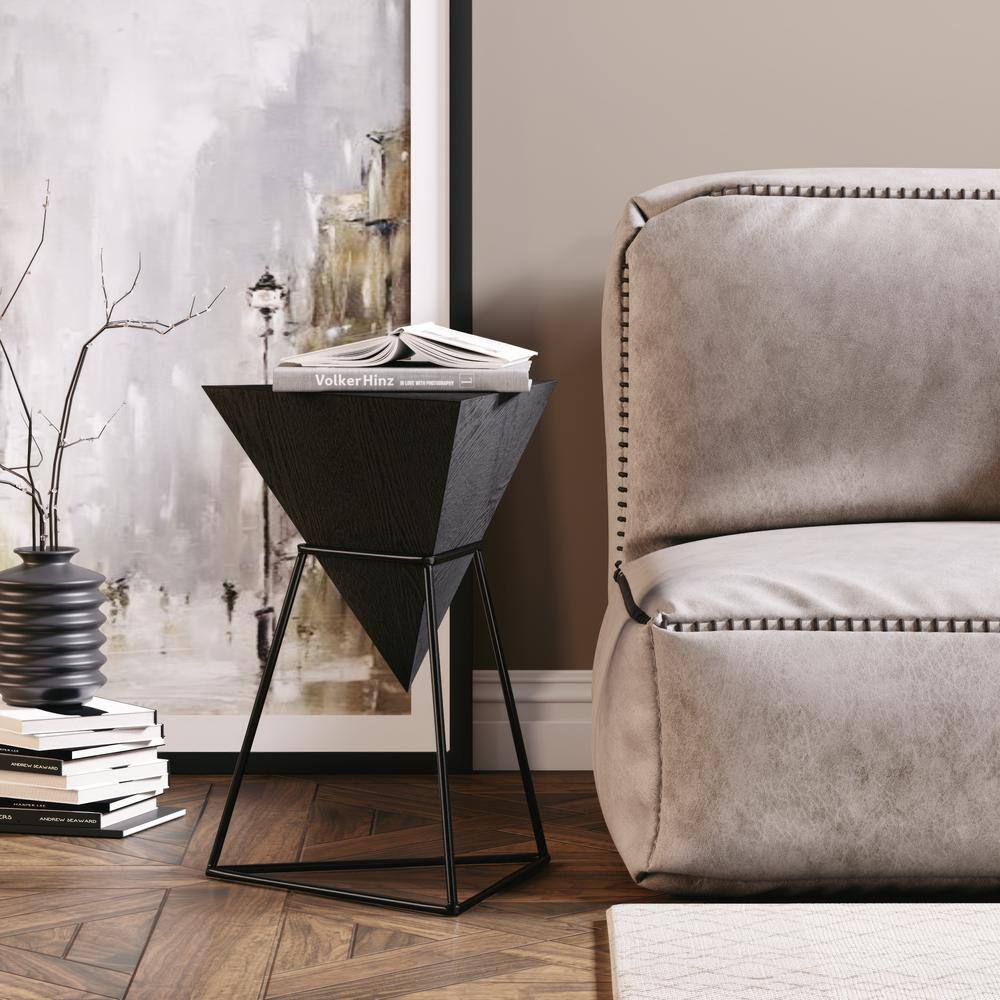 Modern 15.55 in. Black Triangle Wood End Table with Wooden Top and Metal Base