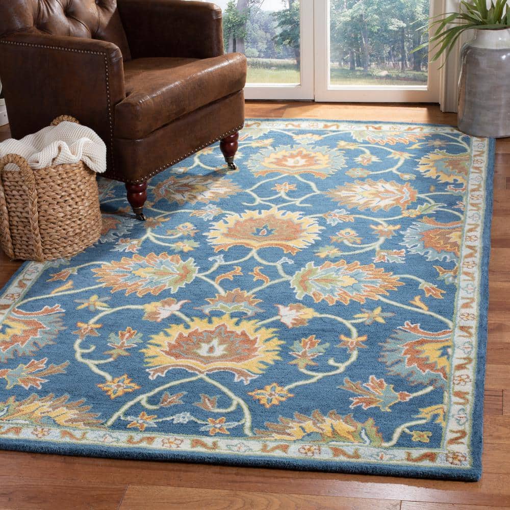 Navy Blue Hand-Tufted Wool Floral Area Rug 5' x 8'