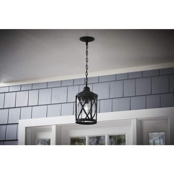 Walcott Manor 14.12 in. 1-Light Black Transitional Outdoor Hanging Light Pendant Light with Clear Seeded Glass
