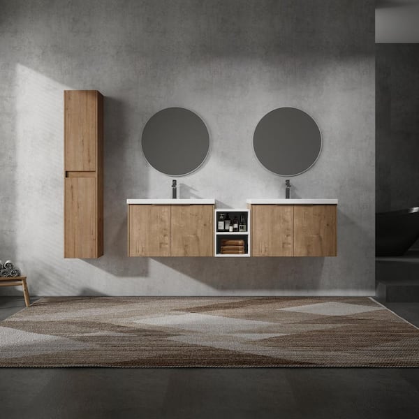 UPIKER Geneva 71.1 in. W X 18.1 in. D x 19.3 in. H Floating Bath Vanity in Imitative Oak with White Resin Vanity Top