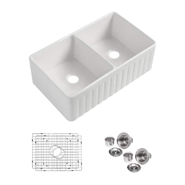 RAINLEX Fireclay 33 in. L x 18 in. W Farmhouse/Apron Front Double Bowl Kitchen Sink with Grid and Strainer