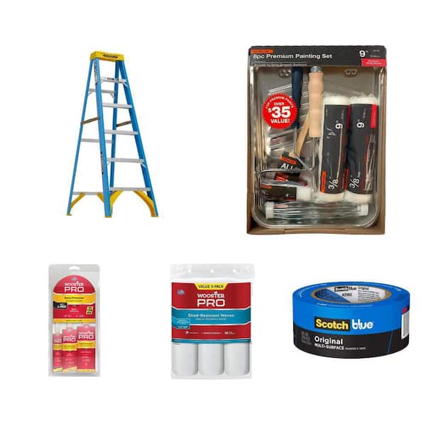 6 ft. Step Ladder, 8-Piece Paint Kit, Brush Pack (3-Pack), 9 in. Roller Cover (3-Pack) and Painter's Tape