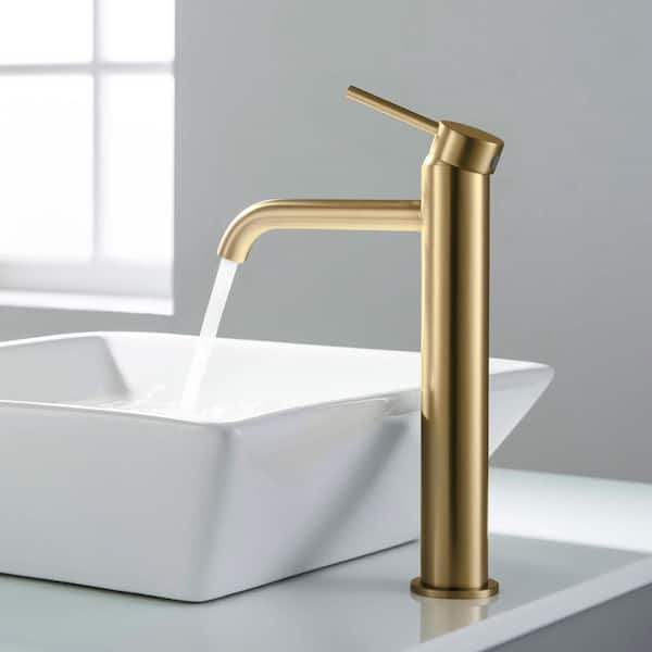 1- Handle 11.32 in. H Single Hole Bathroom Sink Faucet with Supply Lines and Pop-Up Drain in Brushed Brass