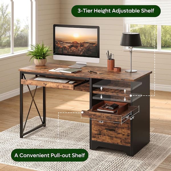 48 in. Rectangular Rustic Brown Reversible Office Desk with Drawer and Pull-Out Shelf, Writing Desk with Keyboard Tray