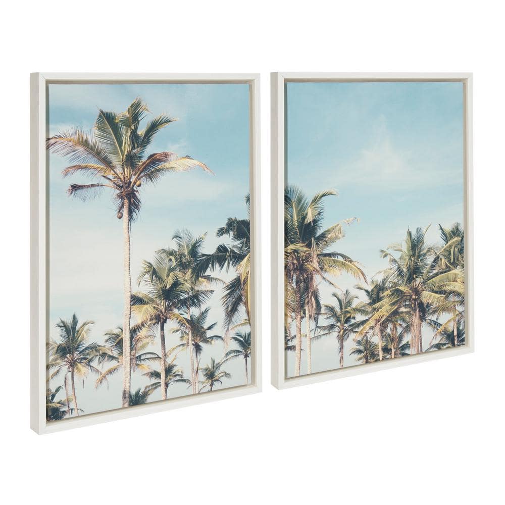 Sylvie Coastal Coconut Palm Tree Beach Canvas Set in White Frame