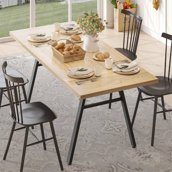 Bestier Light Walnet Wood 70 in. 4 Heavy Duty Metal Legs Dining Table with Storage Rack Seats 6 8 USTHDCZUS K400278B VSWLBT M The Home Depot