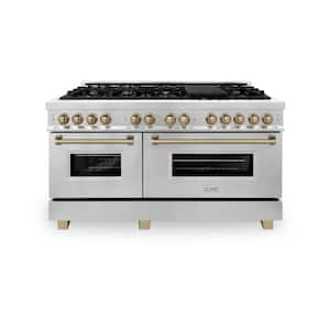 Autograph Edition 60 in. 9 Burner Double Oven Dual Fuel Range in Stainless Steel and Champagne Bronze