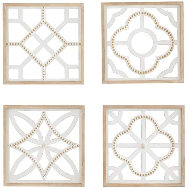 Litton Lane Wood White Beaded Geometric Wall Decor Set of 4