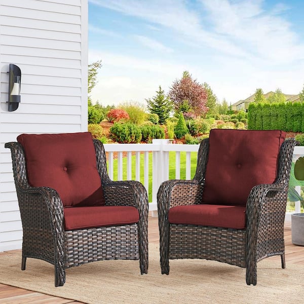 Brown Wicker Outdoor Patio Lounge Chair with CushionGuard Red Cushions (2-Pack)