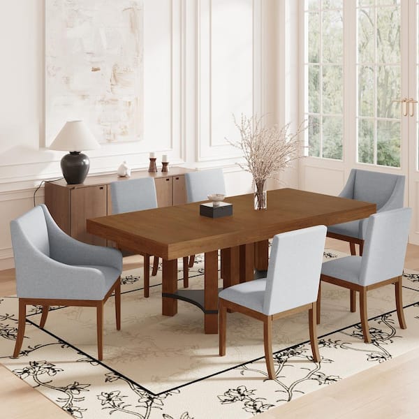 Harper & Bright Designs 7-Piece Rectangle Brown Wood Top Extendable Dining Table Set with 18-inch Removable Leaf, 6 Upholstered Chairs