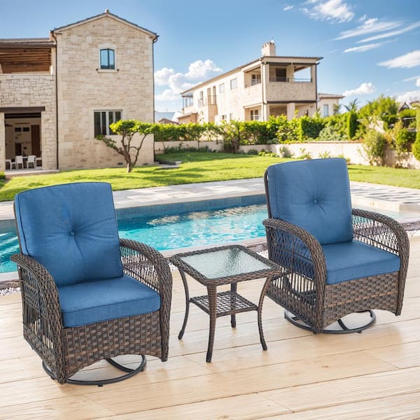 moosprr Brown 3-Piece Swivel Glider Wicker Outdoor Rocking Chair with Blue Cushions and Side Table