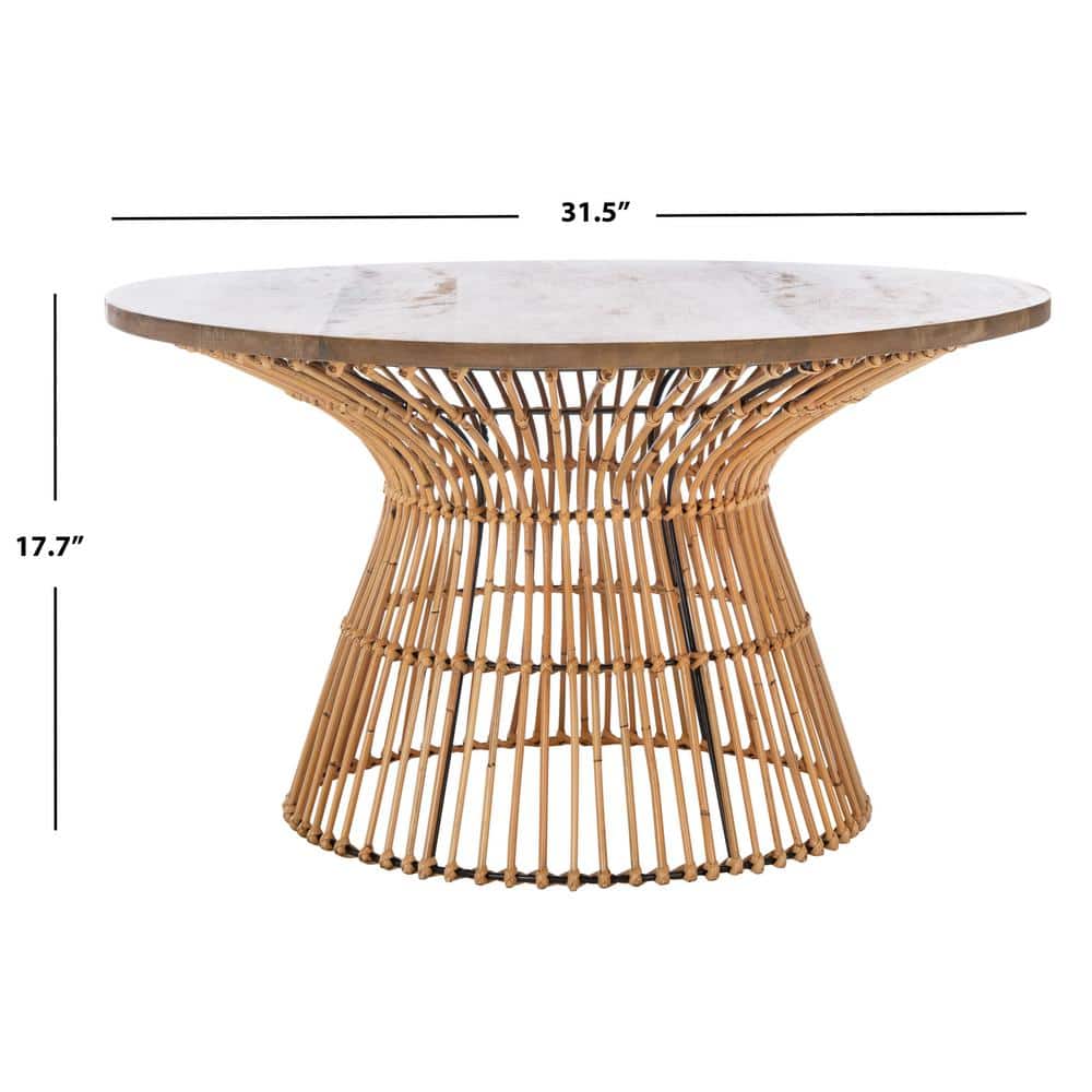 Whent Natural Mango Wood and Black Rattan 34" Round Coffee Table