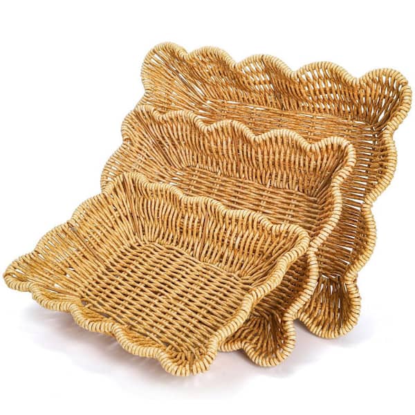 3-Pack Poly Wicker Bread Baskets, Rectangular Tabletop Woven Serving Baskets Trays for Fruits Vegetables and Snacks