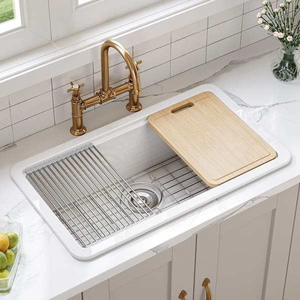 33 in. Drop-In Single Bowl Ceramic White Kitchen Sink Standard and Bottom Grid, Drain Assembly, Cutting Board
