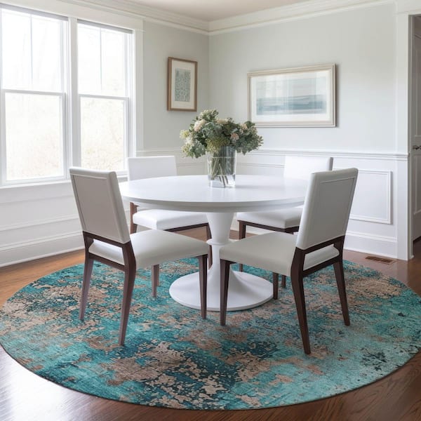 Chantille Machine Washable Indoor/Outdoor Abstract ACN1789 Teal 8 ft. x 8 ft. Round Rug
