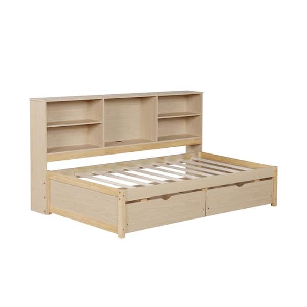 Natural Wood Frame Twin Size Platform Bed with Drawers, Side Bookshelves and USB Port