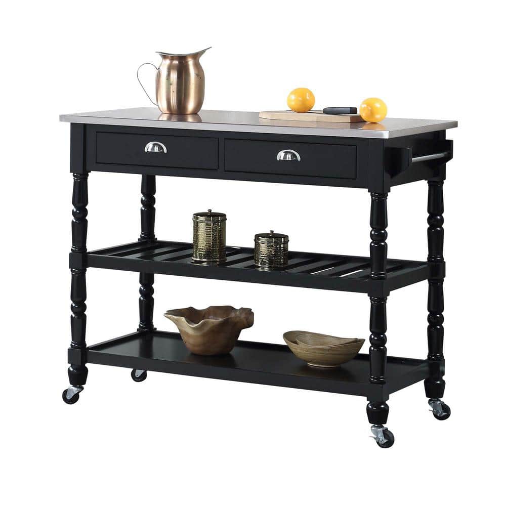 French Country Elegance Stainless Steel & Black Kitchen Cart with Wine Storage