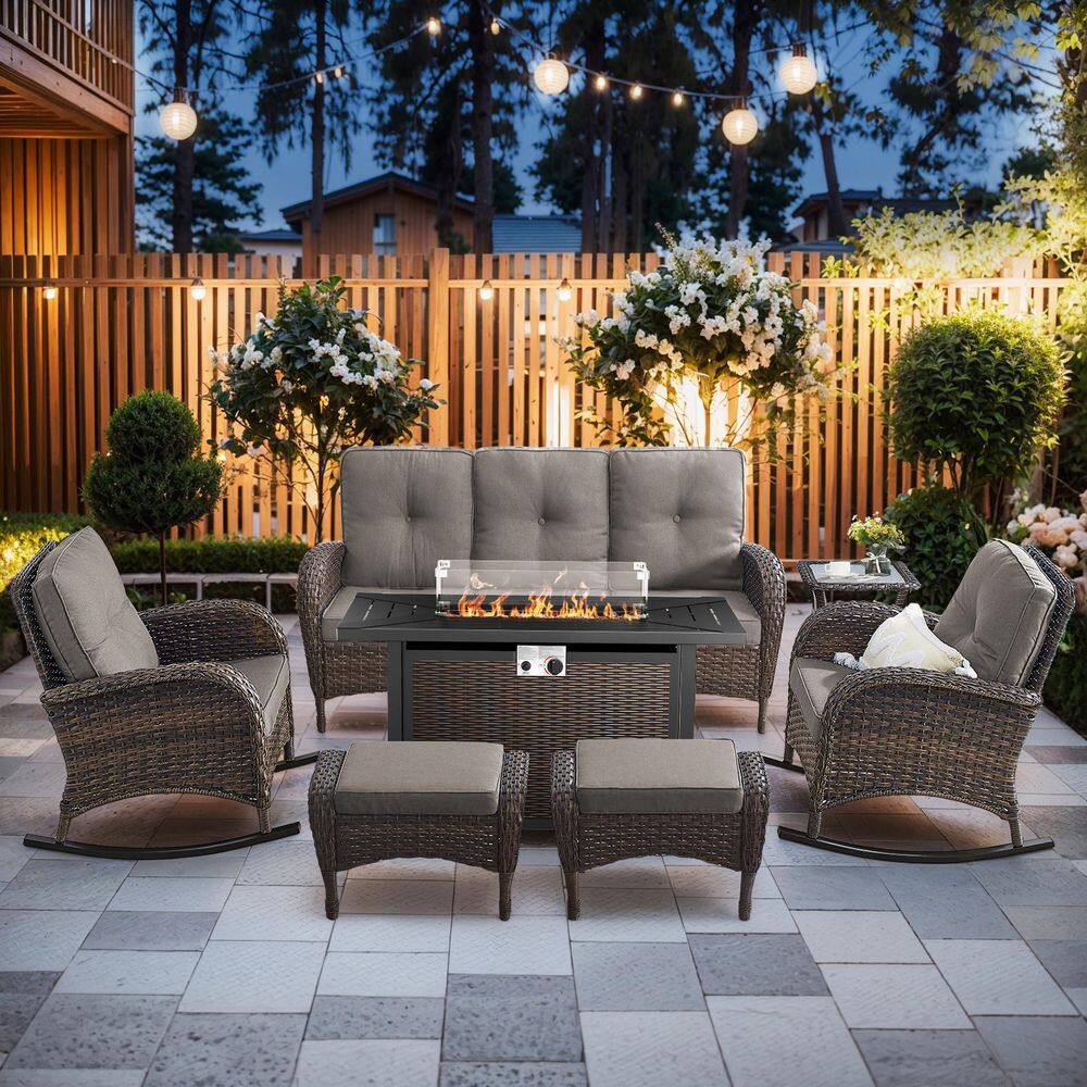 Rotavia 7-Piece Brown Wicker Outdoor Rectangular Fire Pit Table Patio Conversation Seating Set with Gray Cushions price history on PriceWatchPro
