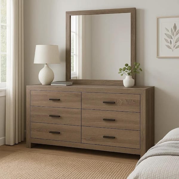 Sili Barrel Oak Brown and Dark Bronze 6-Drawer 16.25 in. Dresser with Mirror