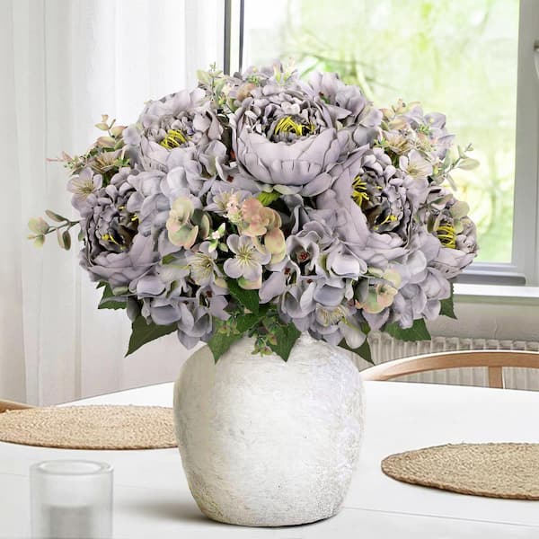 LIVING LUXURY 17 in. Grey Artificial Mixed Peony Hydrangea Blossom