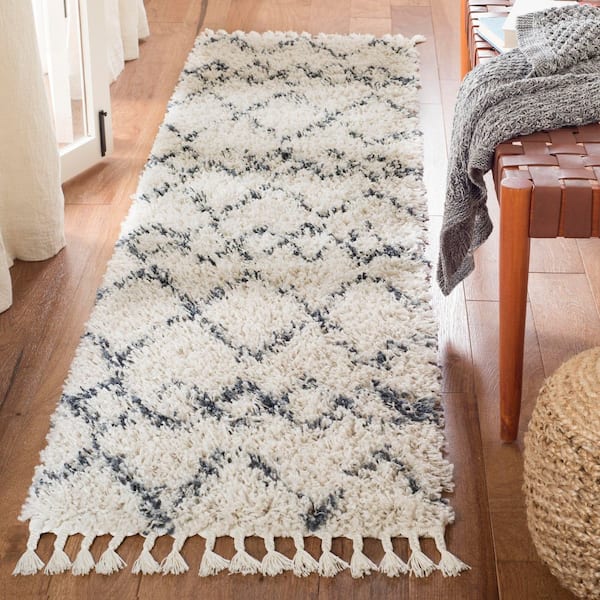 Pro Lux Shag 3 x 12 Cream/Blue Tribal Runner Rug