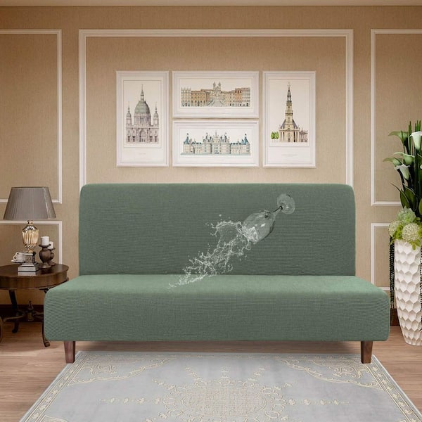Grayish Green Polyester and Spandex Waterproof Futon Slipcover, Stretch Jacquard Sofa Cover, Couch Cover for Futon