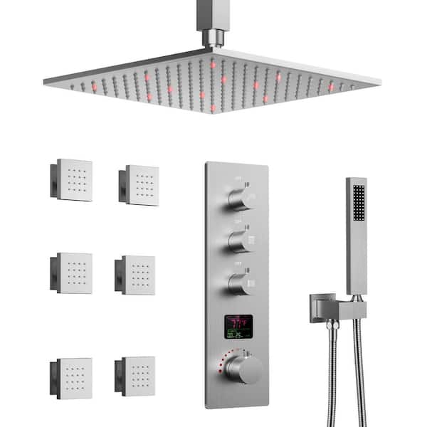 Smart LED And Temp with Valve 7-Spray Ceiling Mount 12 in. Fixed and Handheld Shower Head 2.5 GPM in Brushed Nickel