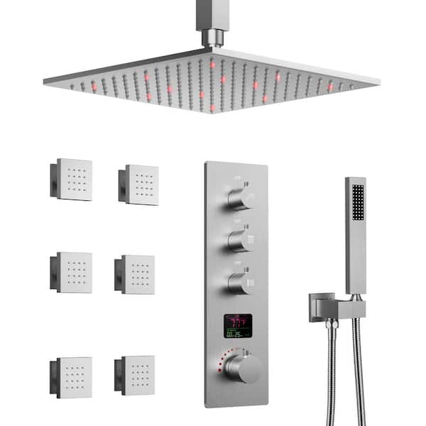 GRANDJOY Smart LED And Temp with Valve 7-Spray Ceiling Mount 12 in. Fixed and Handheld Shower Head 2.5 GPM in Brushed Nickel