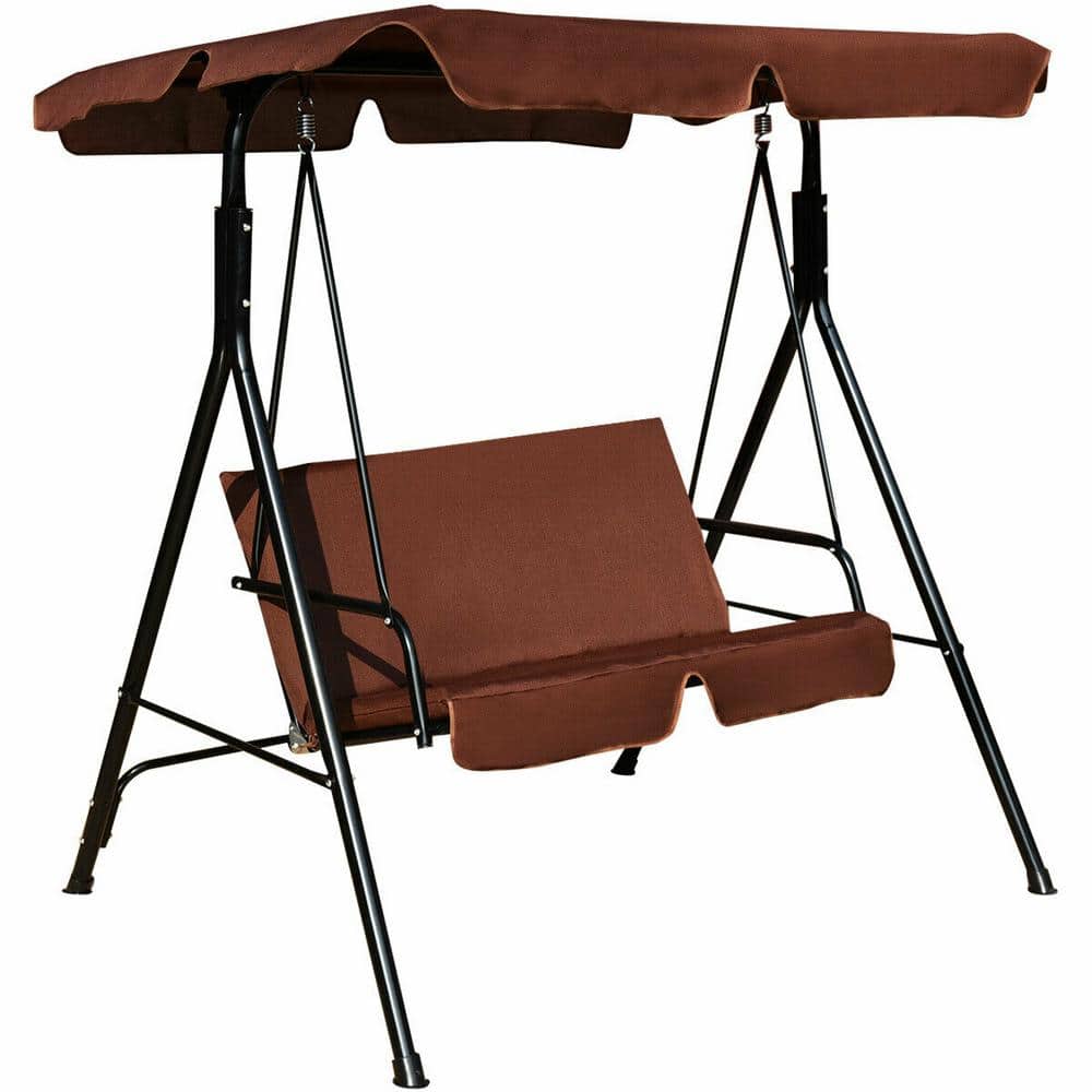 2-Person Steel Loveseat Cushioned Patio Swing in Coffee