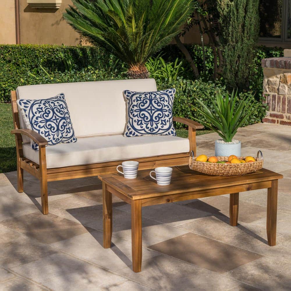 2-Pieces Acacia Wood Outdoor Loveseat with Coffee Table and Beige Cushions 