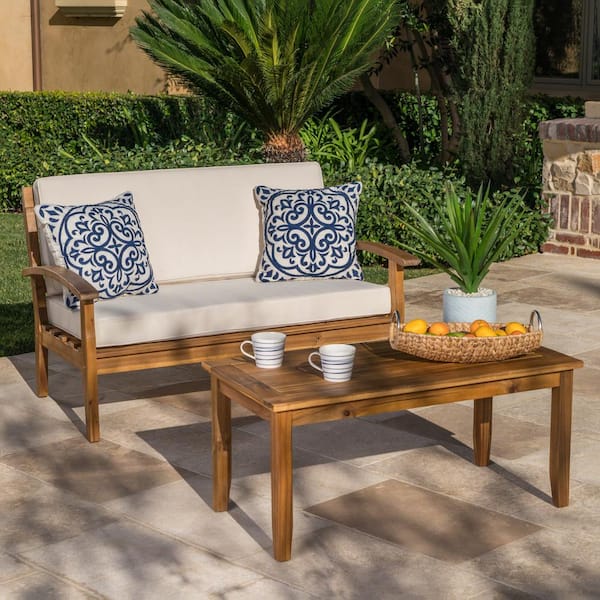 2-Pieces Acacia Wood Outdoor Loveseat with Coffee Table and Beige Cushions for Patio Backyard