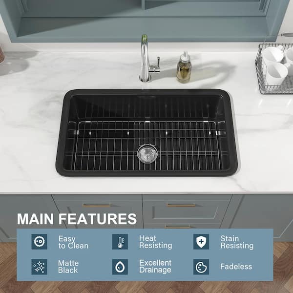HOMLYLINK Black Fireclay Kitchen Sink 32 in. Drop-in
