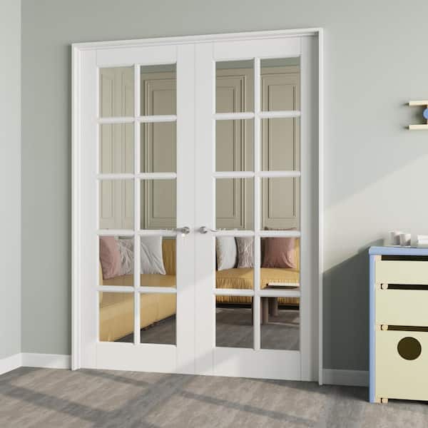 56 in. x 80 in. Universal Handed 10-Lite Clear Glass White Solid Core MDF Assembly Required French Door with Jamb