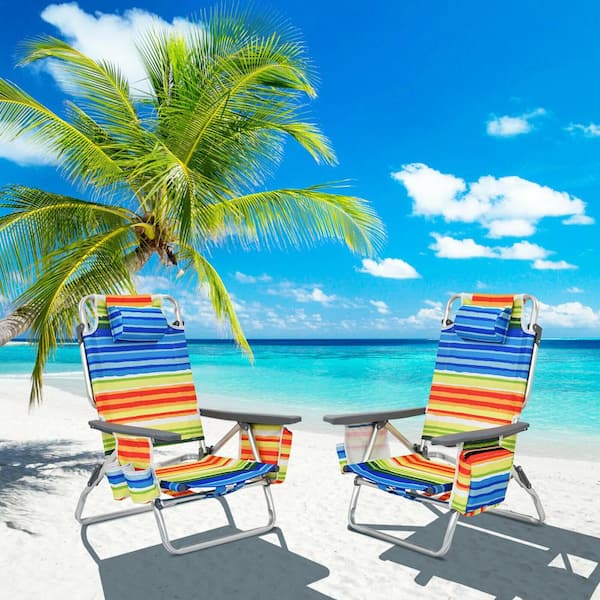 Yellow Aluminum Folding Outdoor Beach Chair Reclining Chair with Pillow and Backpack 2 Pack