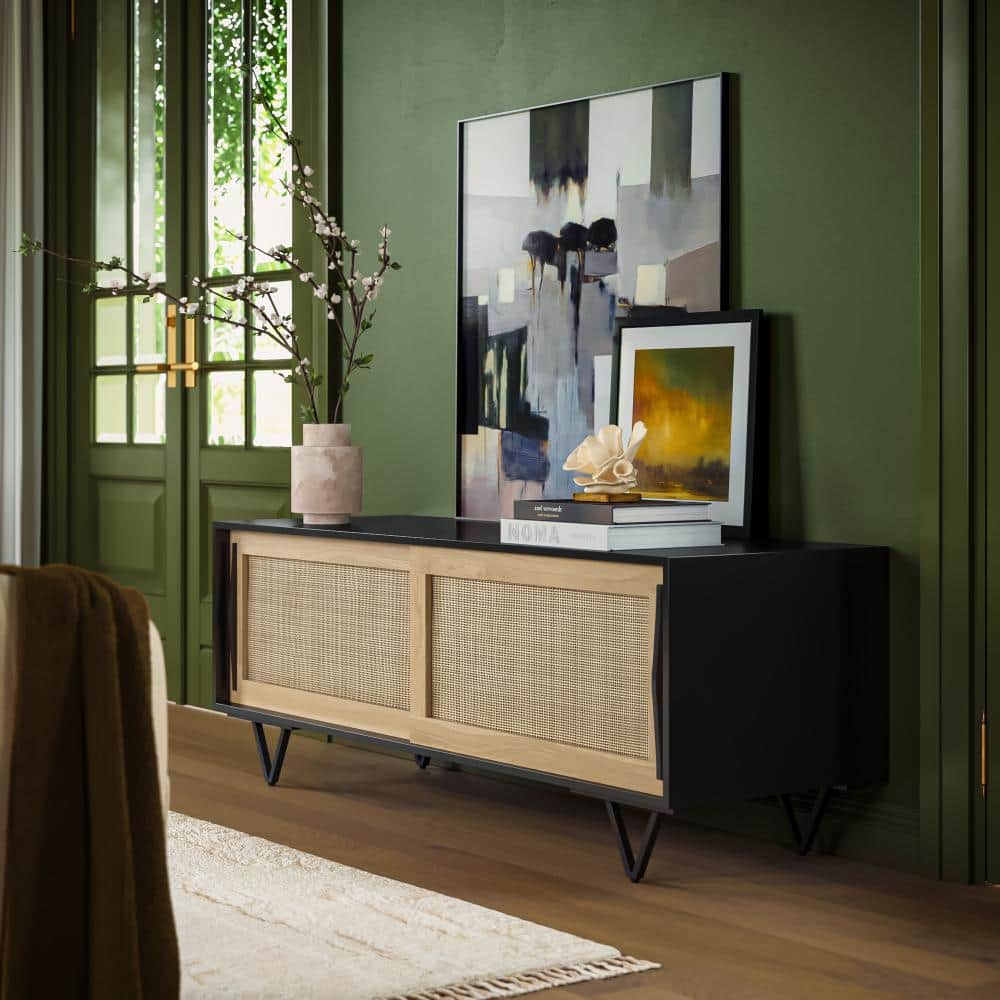 60" Black and Natural Wood TV Media Console with Cane Doors