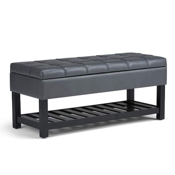 Simpli Home Saxon 43 in. Wide Transitional Rectangle Storage Ottoman Bench in Stone Grey Vegan Faux Leather