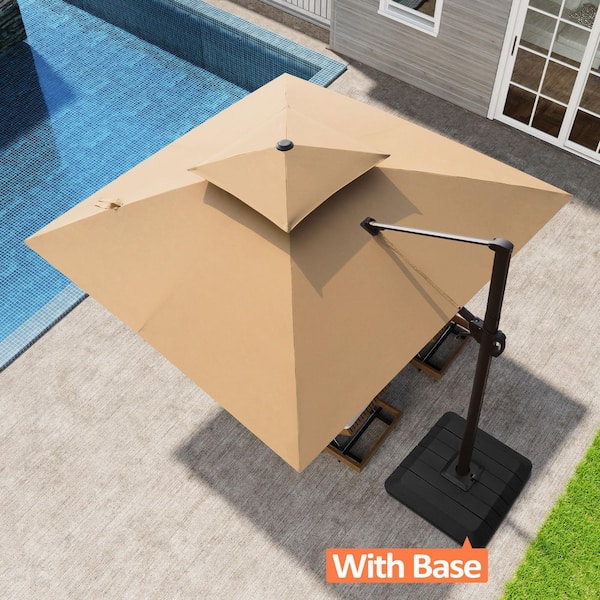 10 ft. Square Aluminum 360° Rotation Offset Cantilever Patio Umbrella in Tan with Umbrella Stand Fillable Base