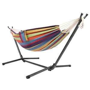 9 ft. 2-Person Hammock with Metal Heavy Duty Stand with Pillows and Cup Holder in Color Rainbow