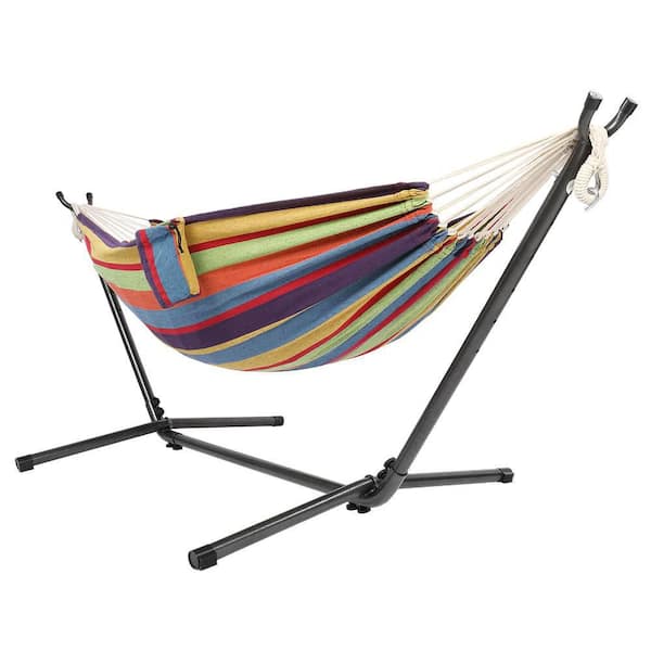 VINGLI 9 ft. 2-Person Hammock with Metal Heavy Duty Stand with Pillows and Cup Holder in Color Rainbow