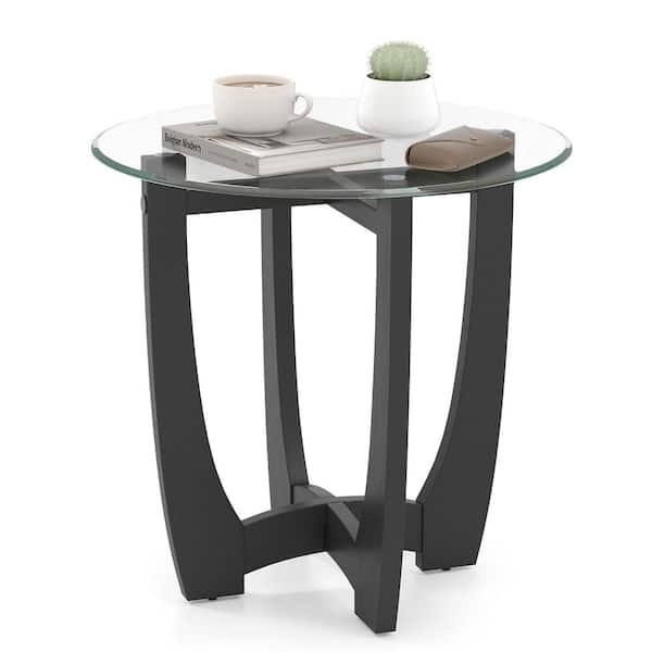 Bunpeony 23.5 Inch Round End Side Table with Tempered Glass