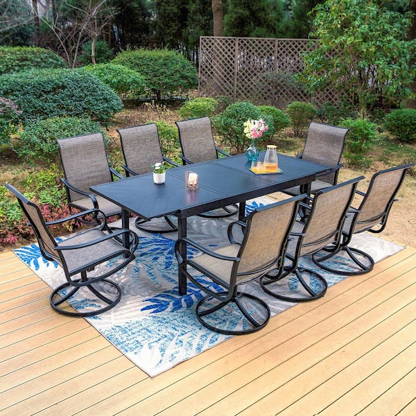 PHI VILLA Black 9-Piece Metal Patio Outdoor Dining Set with Geometric Extendable Table and Textilene Swivel Chairs