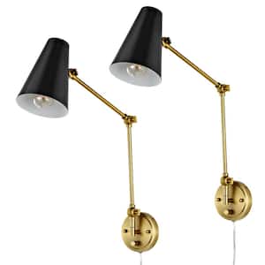 Black and Gold Swing Arm Wall Lamp, Modern Adjustable Wall Mounted Sconce (Set of 2)
